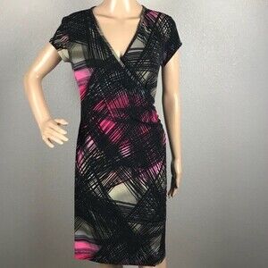 Worthington stretch black and pink abstract print faux wrap dress size Large